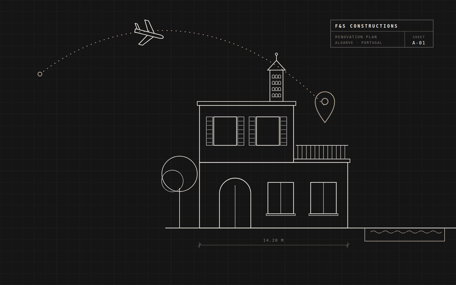 Illustration: architectural drawing of an Algarve villa with a flight path from abroad