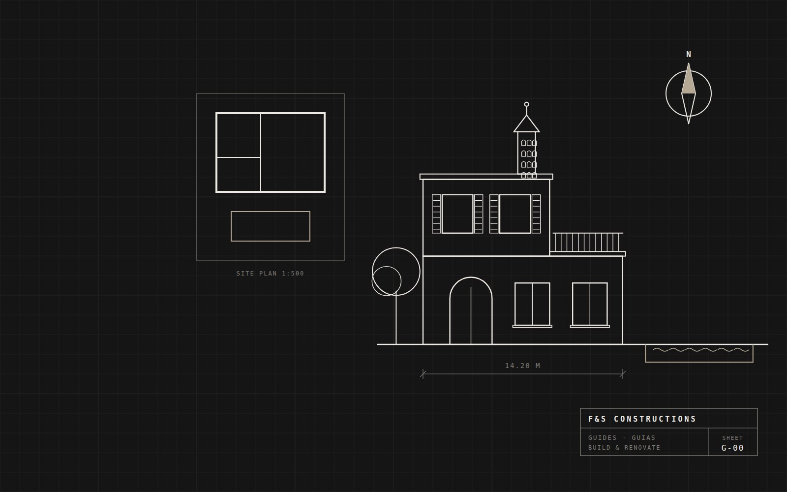 Illustration: architectural drawings of an Algarve villa and site plan